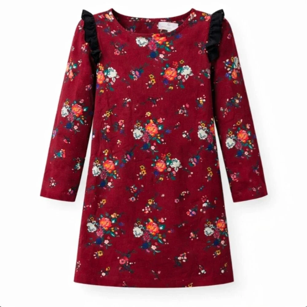 Hanna dark red maroon bordeaux floral shift dress long sleeve girls size 120 6 7 - Picture 1 of 8